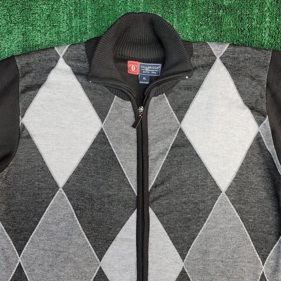 Cambridge Classic Argyle Preppy Black Gray Full Zip Light Sweater Men’s XL - Picture 3 of 8